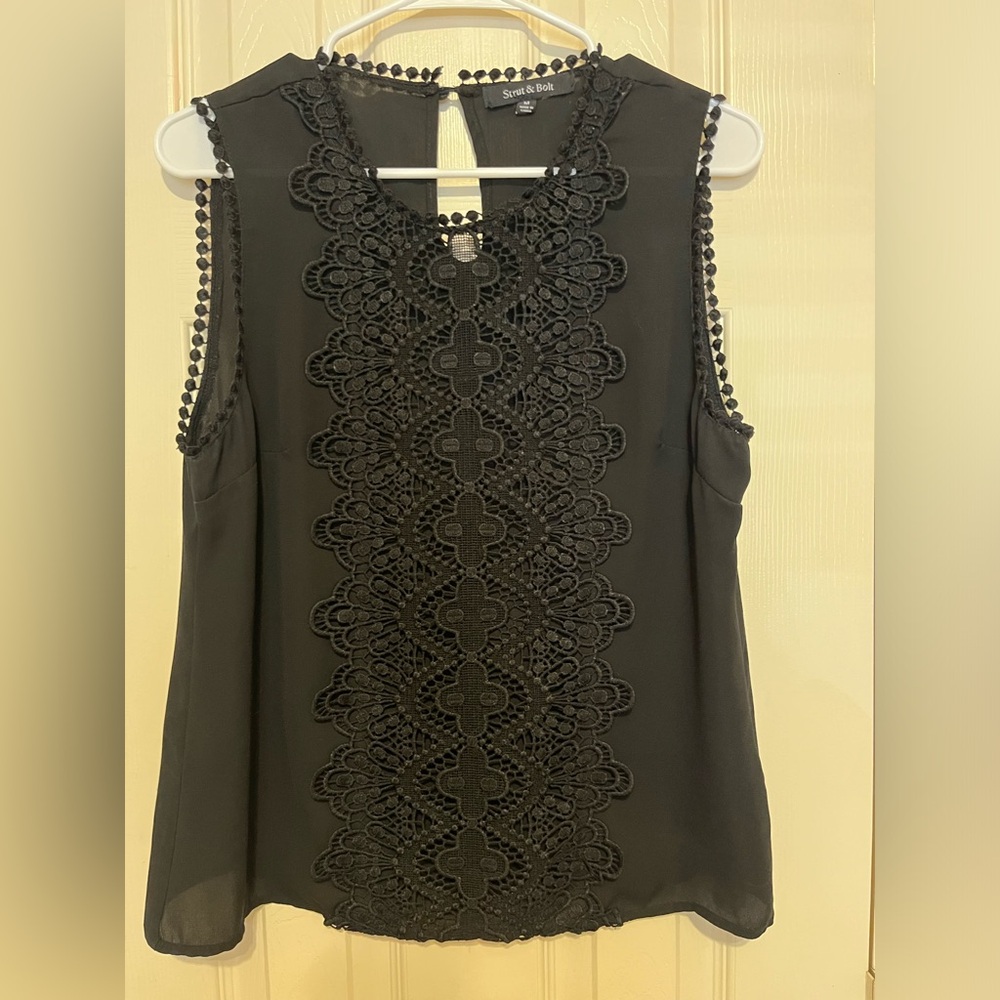 Black rayon tank with crochet brocade front detail